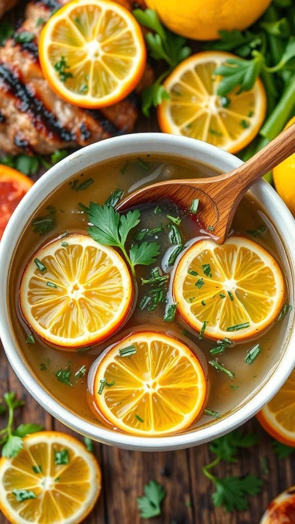 A bowl of herbed citrus marinade with lemon and orange slices, surrounded by fresh herbs.